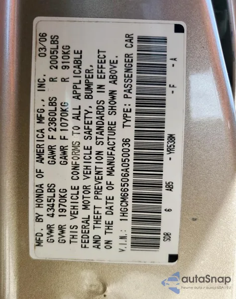 2006 Honda Accord Ex z USA, uszkodzony, nr VIN 1HGCM66506A050036